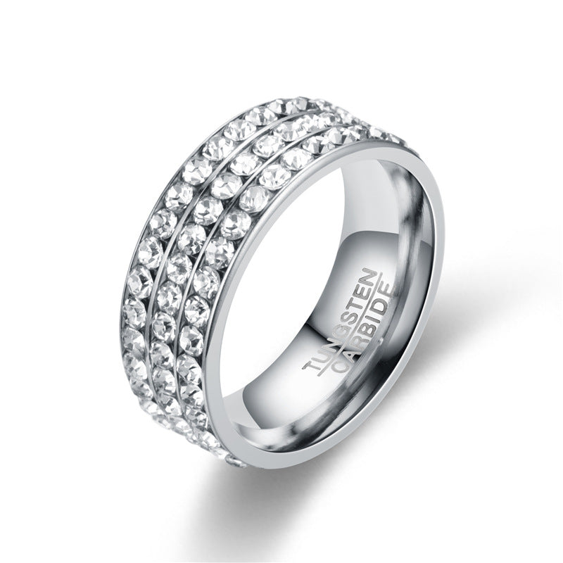 Stainless Steel Women's Fashion Ring with Diamonds