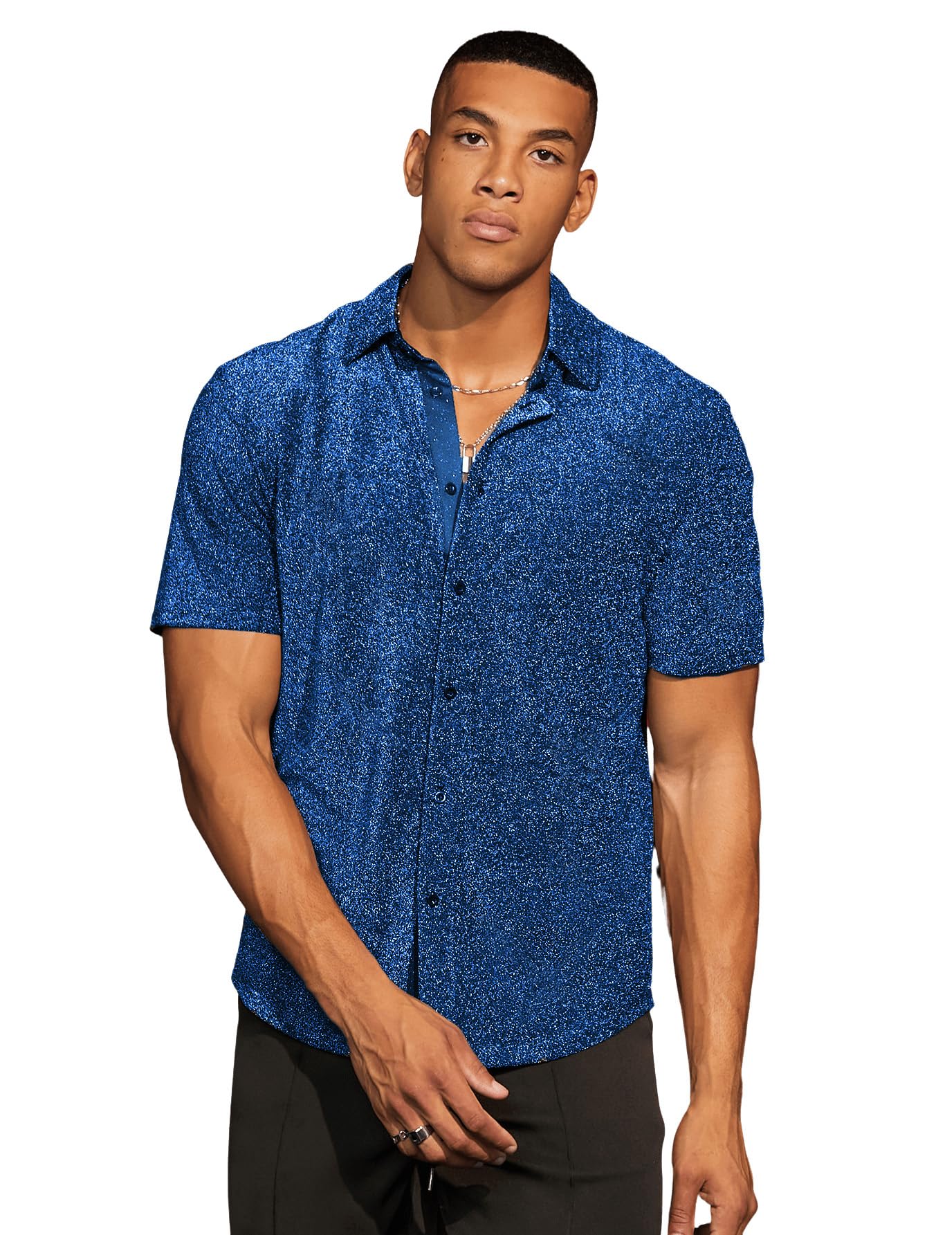 Verdusa Mens Glitter Button Down Shirt Short Sleeve Tops Blue XXL