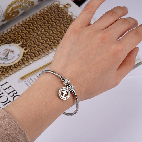 Women's Stainless Steel Cross Bracelet with Diamonds