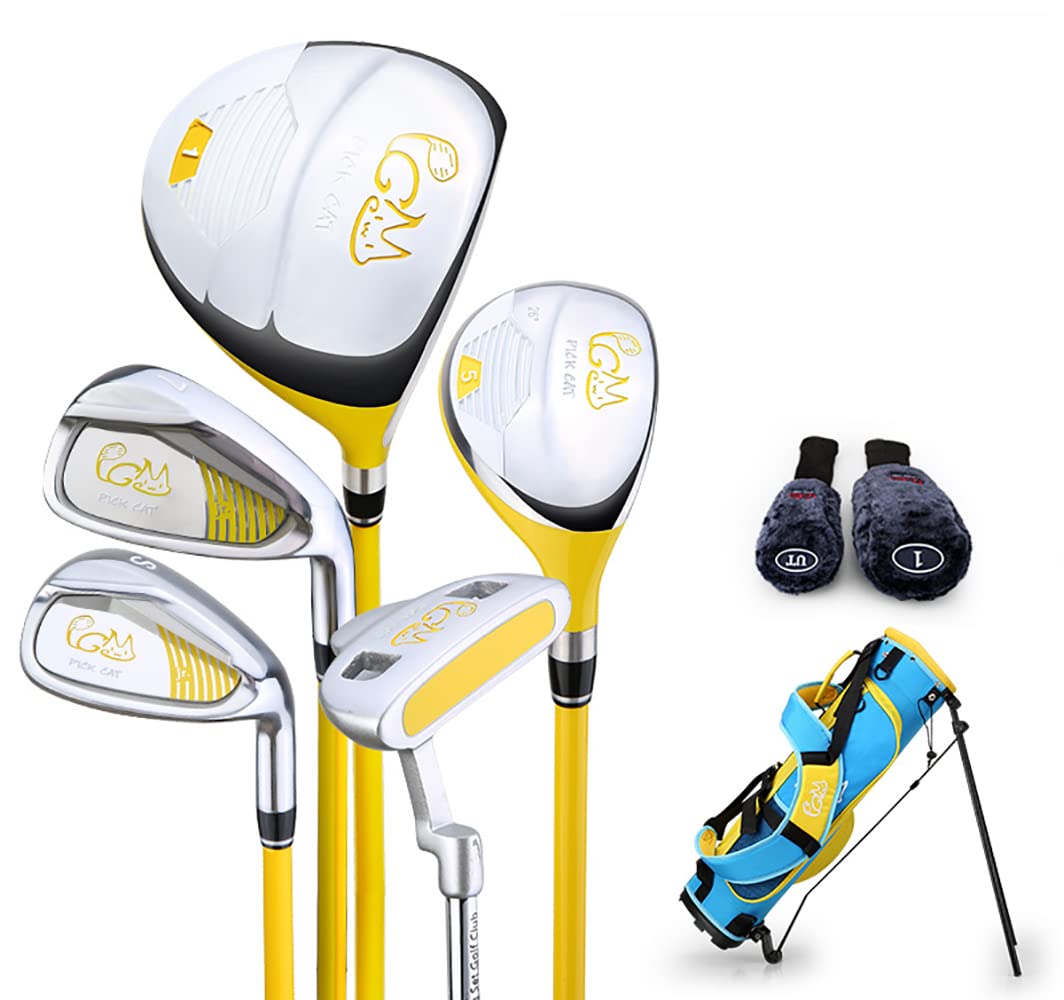 PGM Junior Golf Club Complete Set for Children Kids 9-12 Age Groups 5-Golf Clubs with Stand Bag and 2 Headcovers for Boys & Girls Right Hand Yellow