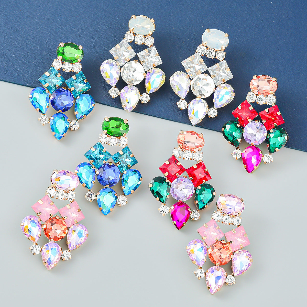 Fashionable Geometric Earrings with Colorful Diamonds