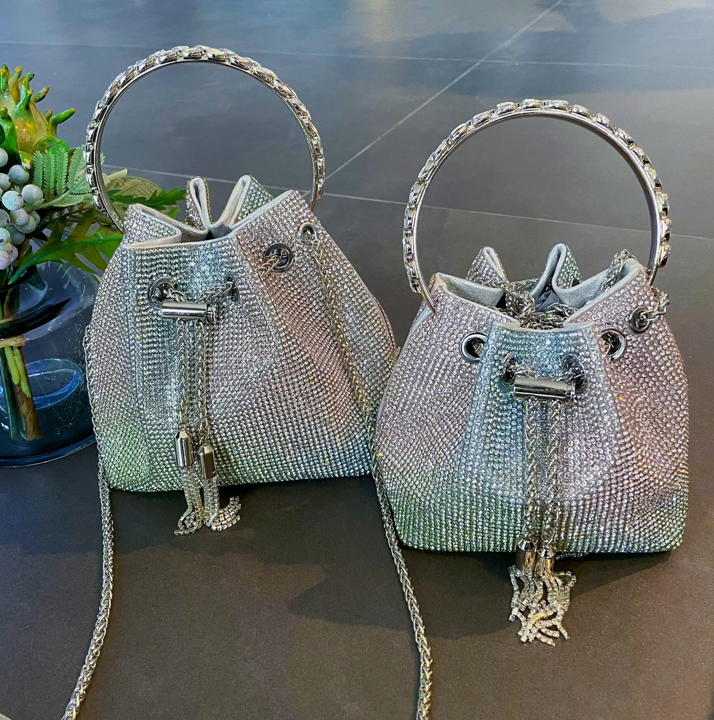 Shiny Handbag with Rainbow Tassels and Diamonds