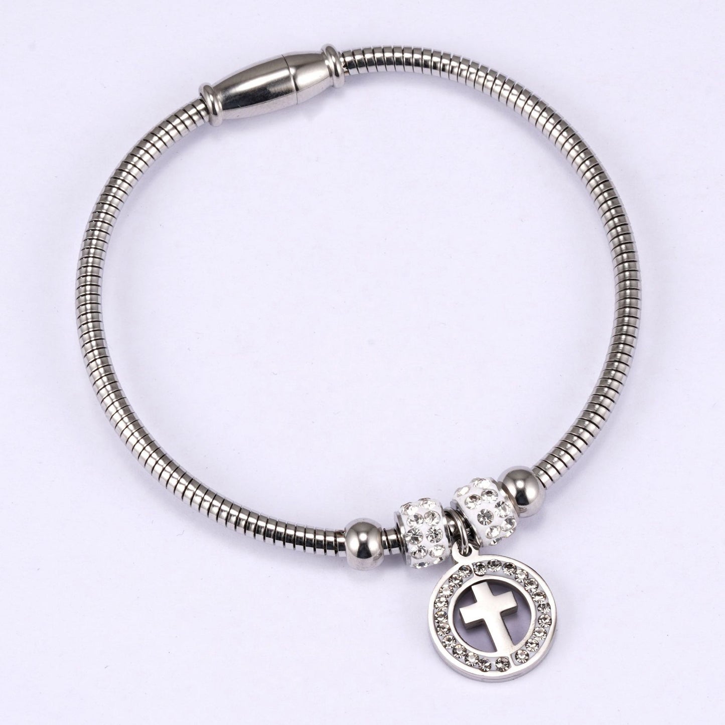 Women's Stainless Steel Cross Bracelet with Diamonds
