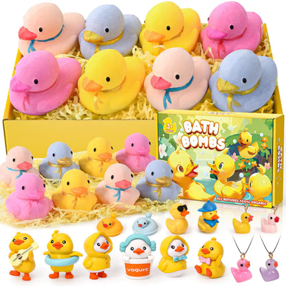 Toylink Bath Bombs for Kids with Surprise Duck Toys Inside for Girls Boys 8 Pack Toddler Bath Bombs with Necklace Jewelry Organic Bubble Bath Fizzies Birthday Christmas Gift Set
