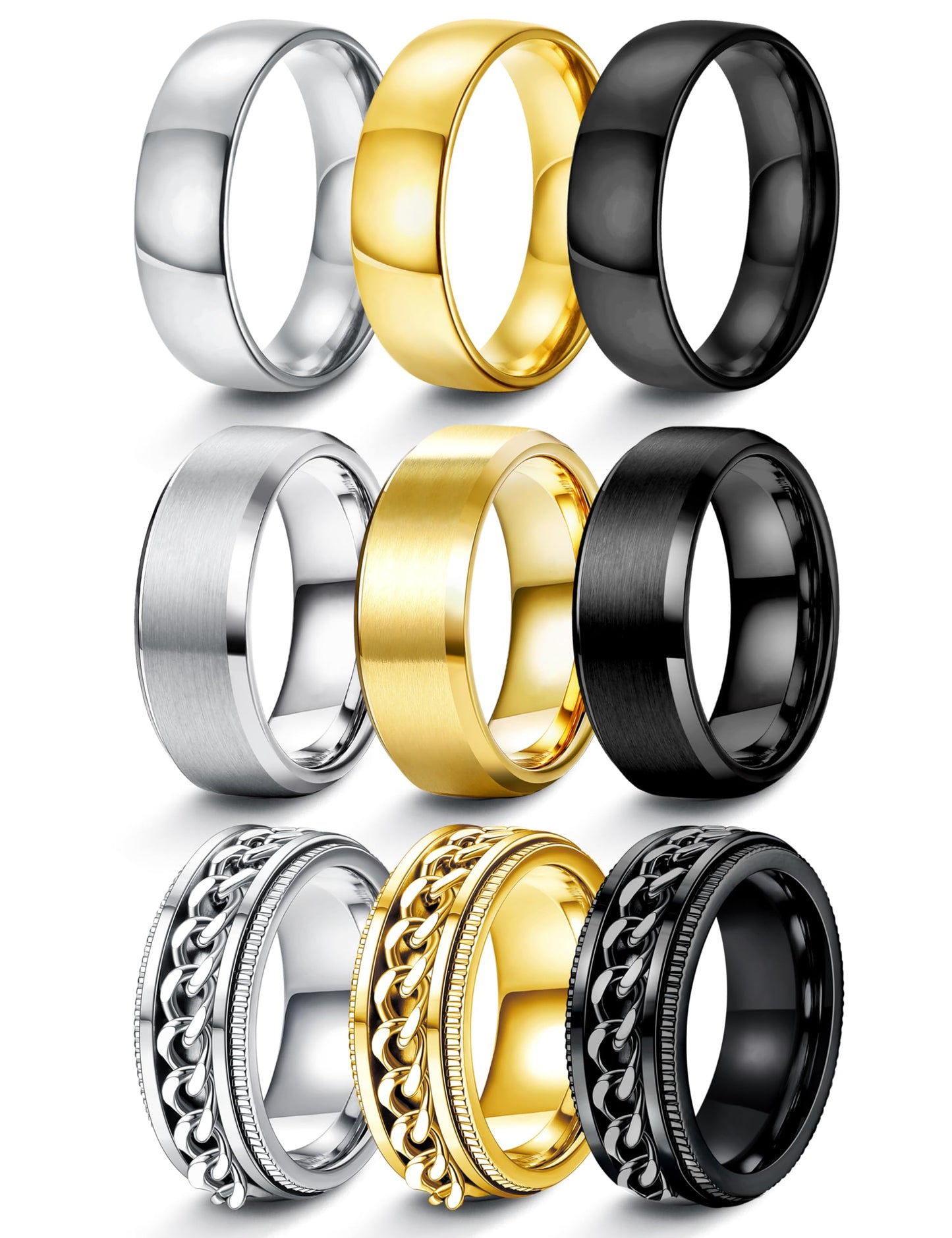 FIASASO 9Pcs Wedding Band Rings for Men Stainless Steel Ring Mens 8MM Width Wedding Bands Silver Black Gold Male Ring Engagement Chain Ring Set Size 12.5