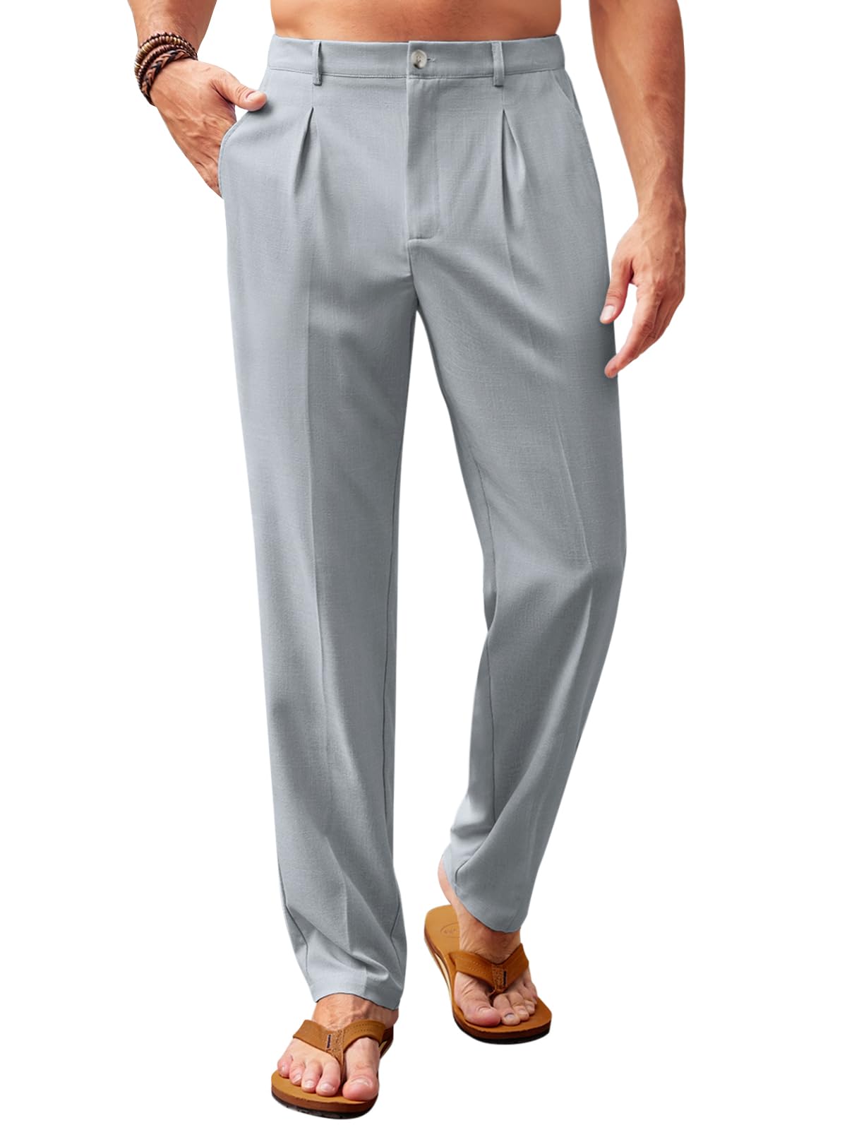 Runcati Mens Casual Pants Elastic Waist Lightweight Loose Fit Pleated Slacks Summer Beach Yoga Trousers Grey