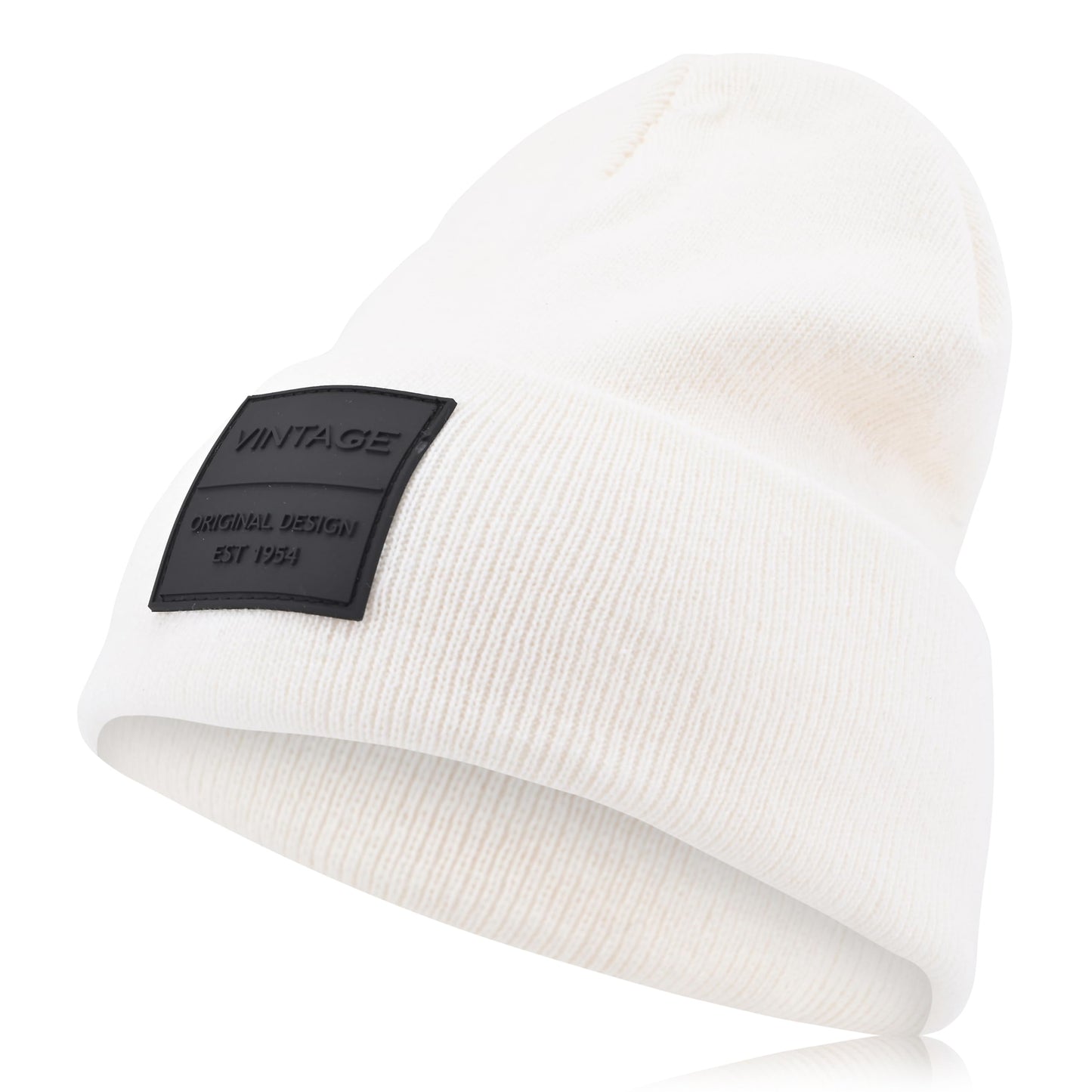 VINTAGE HAVANA Off White Beanie Hats Men & Women | Warm Winter Hat Knit Cuffed Beanies Unisex | Vintage Patch Beanie