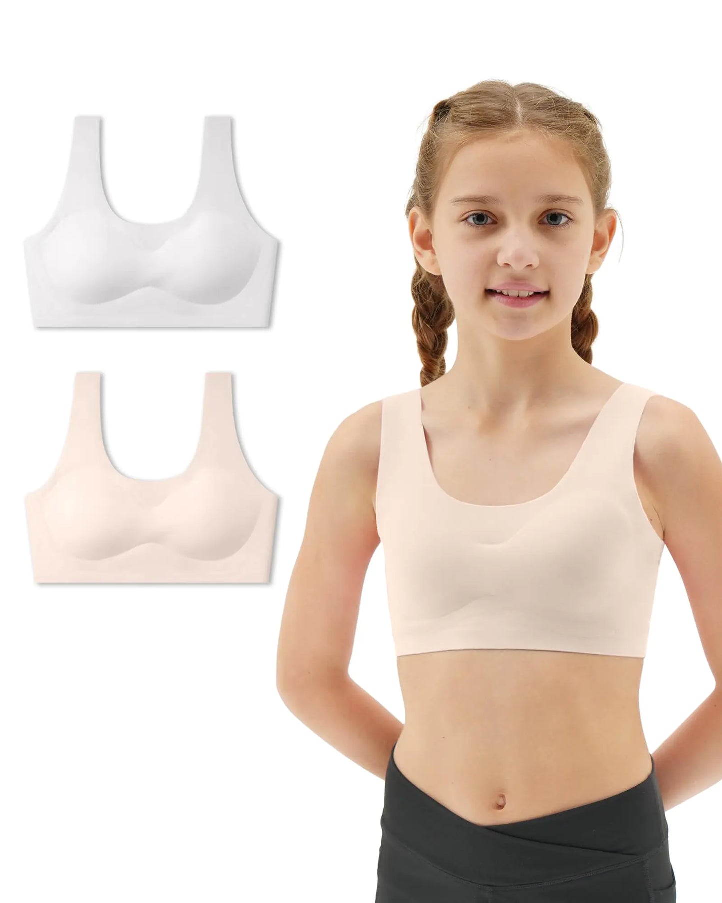 Sascina Training Bras for Girls 8-10 Seamless Teen Girls Sports Bras Ultra Comfort Soft Tween Bras 10-16 Removeable Padding Nude+Light Gray