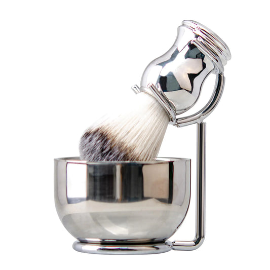 Grandslam Shaving Brush and Bowl Kit for Men 3 in 1 Shaving Brush Set Stainless Steel Shaving Bowl and Stand Shaving Brush Shaving Kit for Men Silver