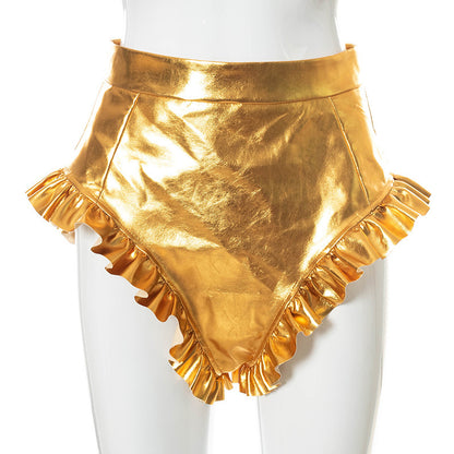 PU Leather Women's Shorts with Wooden Details
