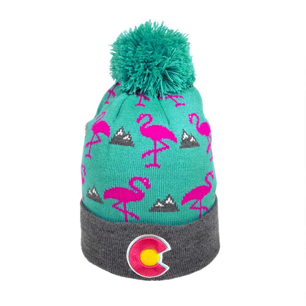 YoColorado Flamingo Colorado Pom Pom Beanie - Mountain Beanies Winter Hats for Men or Women Warm Stocking Stuffers Ski Caps