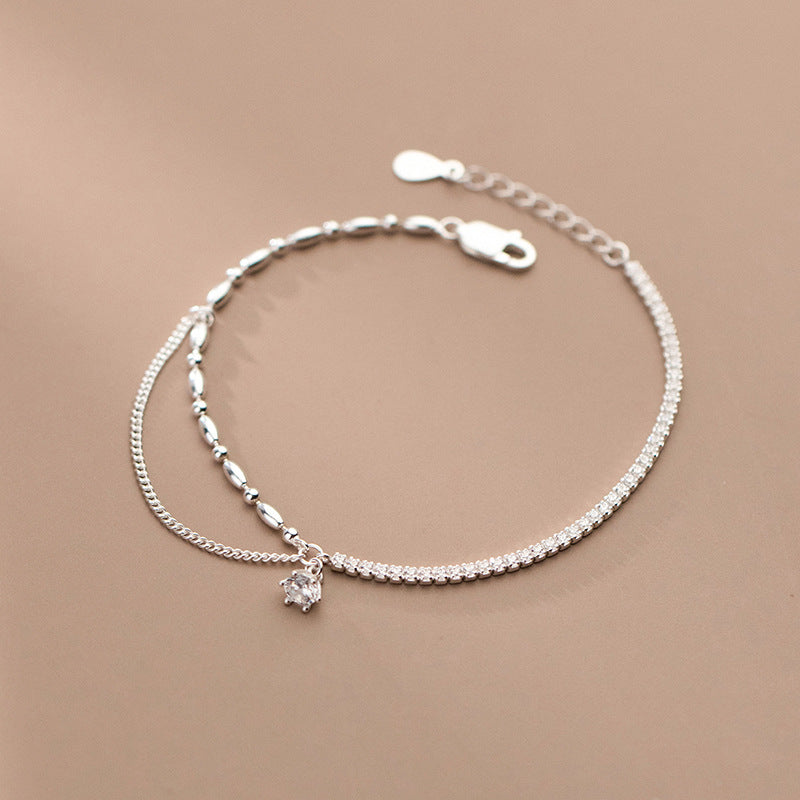 Simple Asymmetrical Silver Bracelet with Diamonds