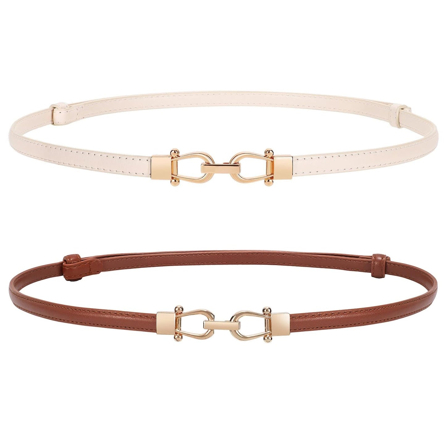 WERFORU Women 2 Pack Skinny Belt for DressThin Waist Belt - Adjustable Leather Belt with Gold Buckle