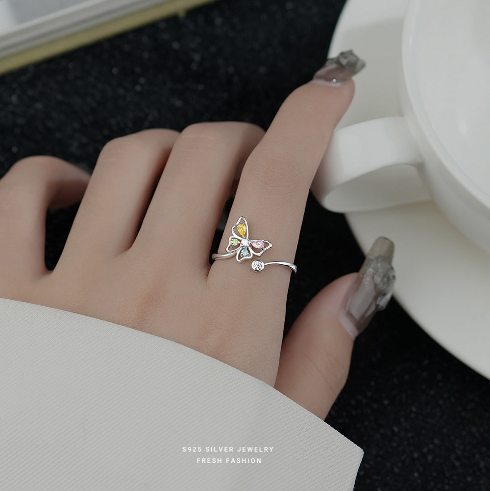Sterling Silver Butterfly Ring with Color Diamonds