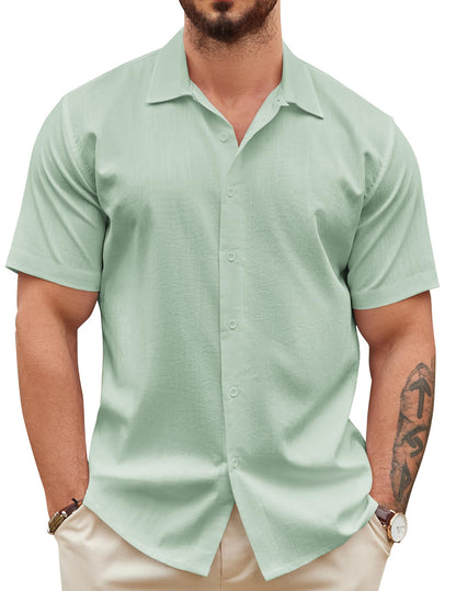 COOFANDY Mens Short Sleeve Button Down Shirts Textured Linen Button Up Summer Shirt Light Green