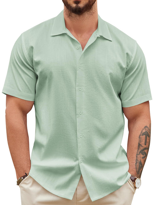 COOFANDY Mens Short Sleeve Button Down Shirts Textured Linen Button Up Summer Shirt Light Green