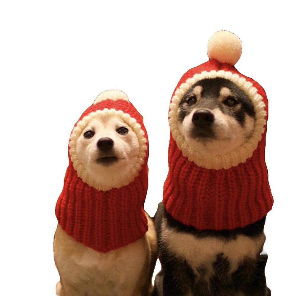WORDERFUL Dog Hat with Cute Pompon Dog Beanies Crocheted Snood Dog Funny Hat Red Warm Winter Dog Cap Knit Snood Headwear for Pets Dog Cat (L Red)