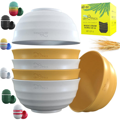 DINETHICS 60 OZ 6 Big Bowl Set - Wheat Straw Bowls - Unbreakable Microwave Safe Bowls - Large Cereal Bowl - Salad Bowls Large Serving Bowls For Kitchen -Bowls For Family Movie Night (YELLOW & WHITE)
