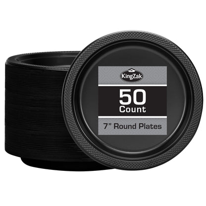 Hanna K. Signature Black Plastic Plates 7 Inch - 50 count - Plastic Solid Round Party Plates For Weddings BBQs Birthday Plates - Disposable Black Plates - Plastic Dessert Plates