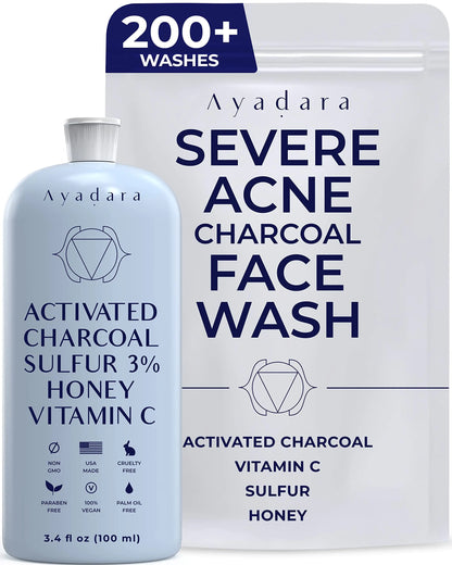 AYADARA Severe Acne Charcoal Face Wash 3.4 oz Daily Face Wash with Sulfur and Honey Charcoal Face Cleanser Mens Face Wash for Acne Deep Cleansing Charcoal Face Wash for Women and Men 200 Uses