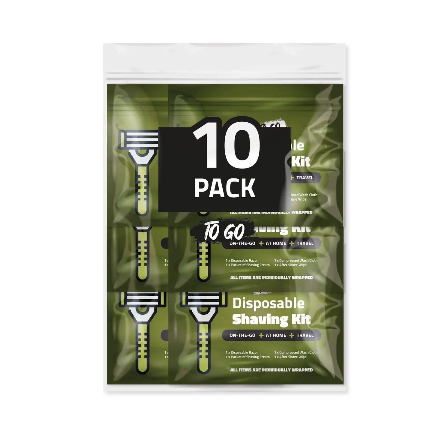 Disposable Compact Shaving Kit (10 Pack) - with Razor Shaving Cream Washcloth and Aftershave Wipe – Travel Ready Grooming Essentials - Perfect Personal Shave Kit or Charity Gift Set (Green)