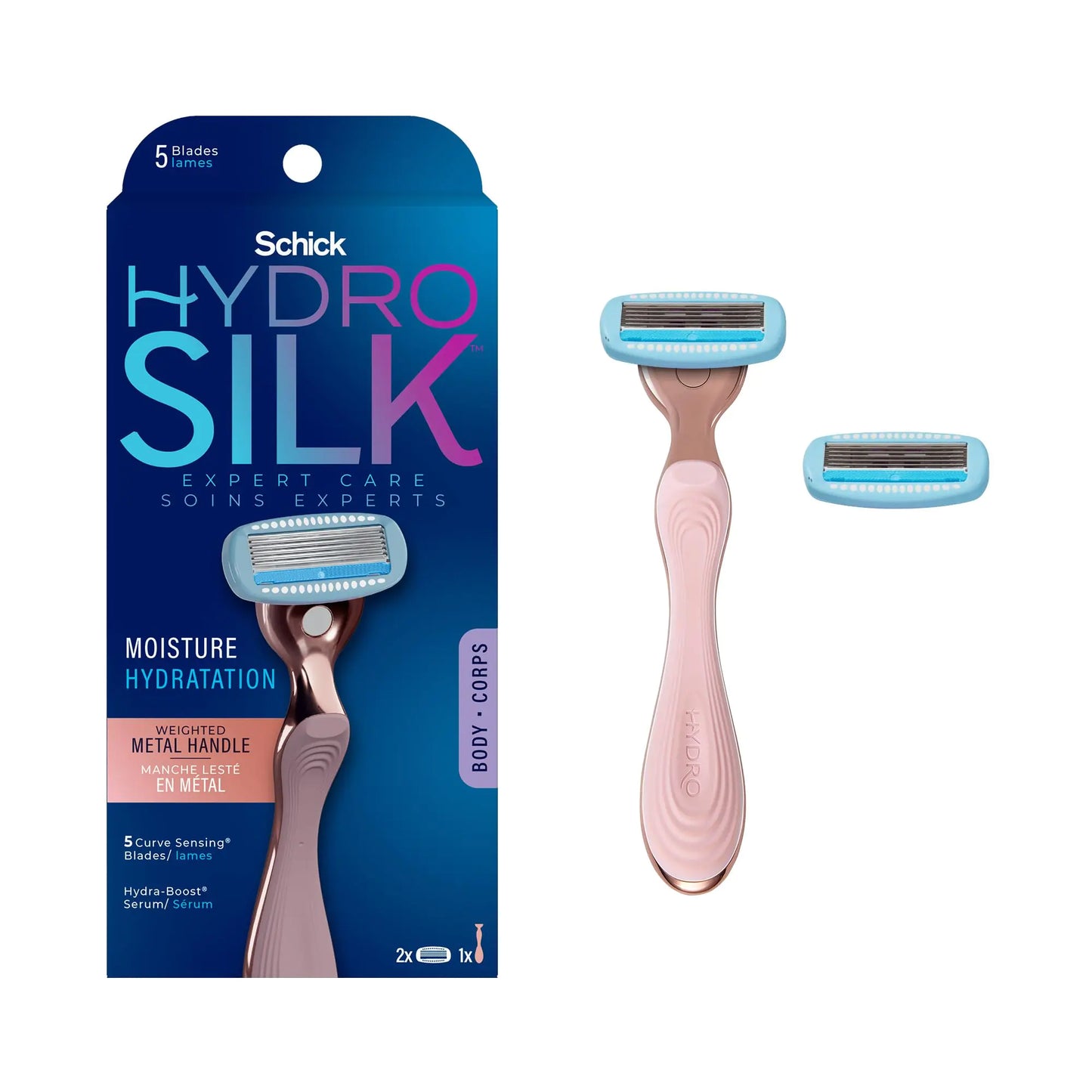 Schick Hydro Silk Rose Gold Metal Razor for Women | Womens Razors Travel Razor 5-Blade Razors for Women | 1 Handle & 2 Razor Refills