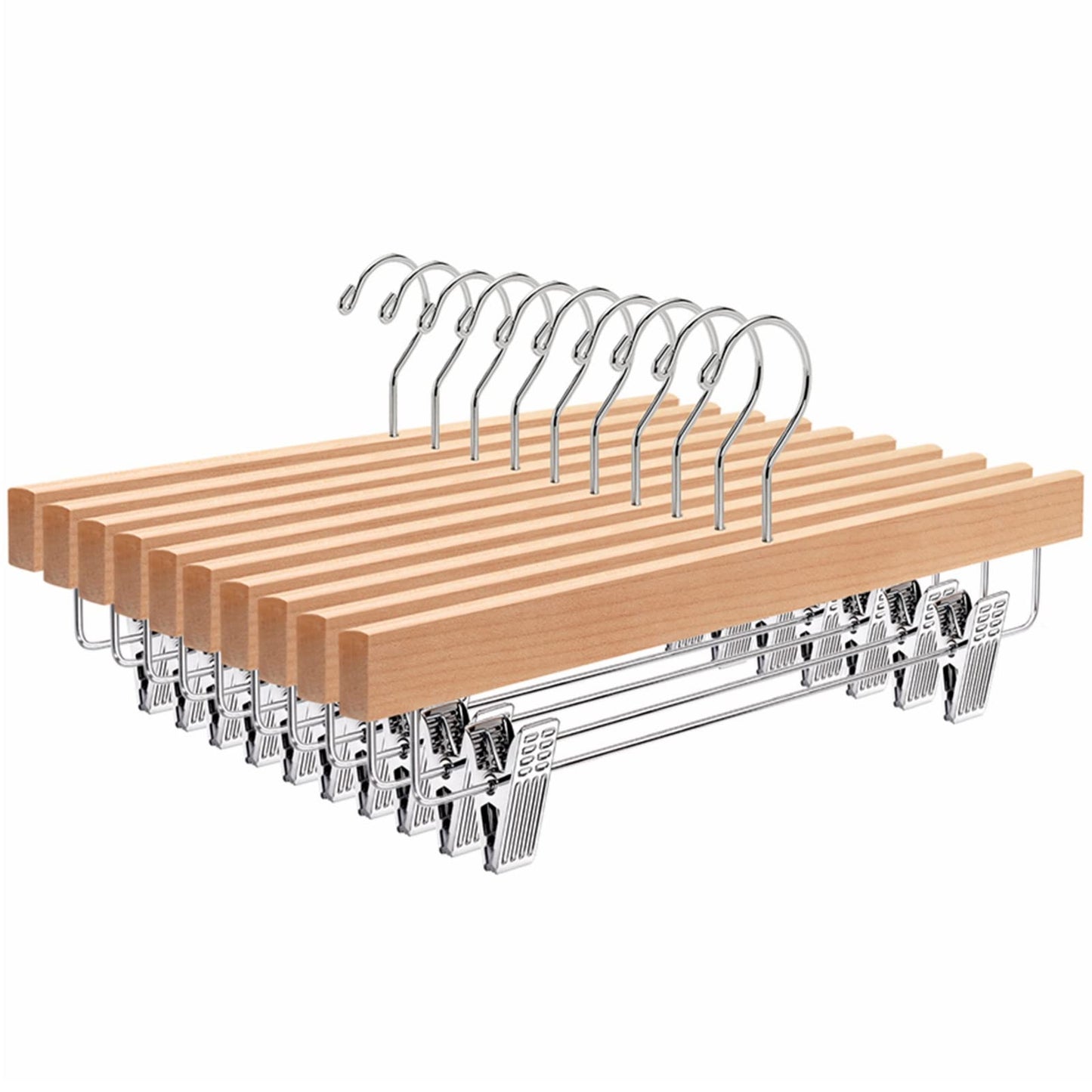 Amber Home 10 Pack Natural Wooden Pants Hangers with Clips Wood Skirt Hangers Trouser Hangers for Jeans Slacks Shorts with 2-Adjustable Clips