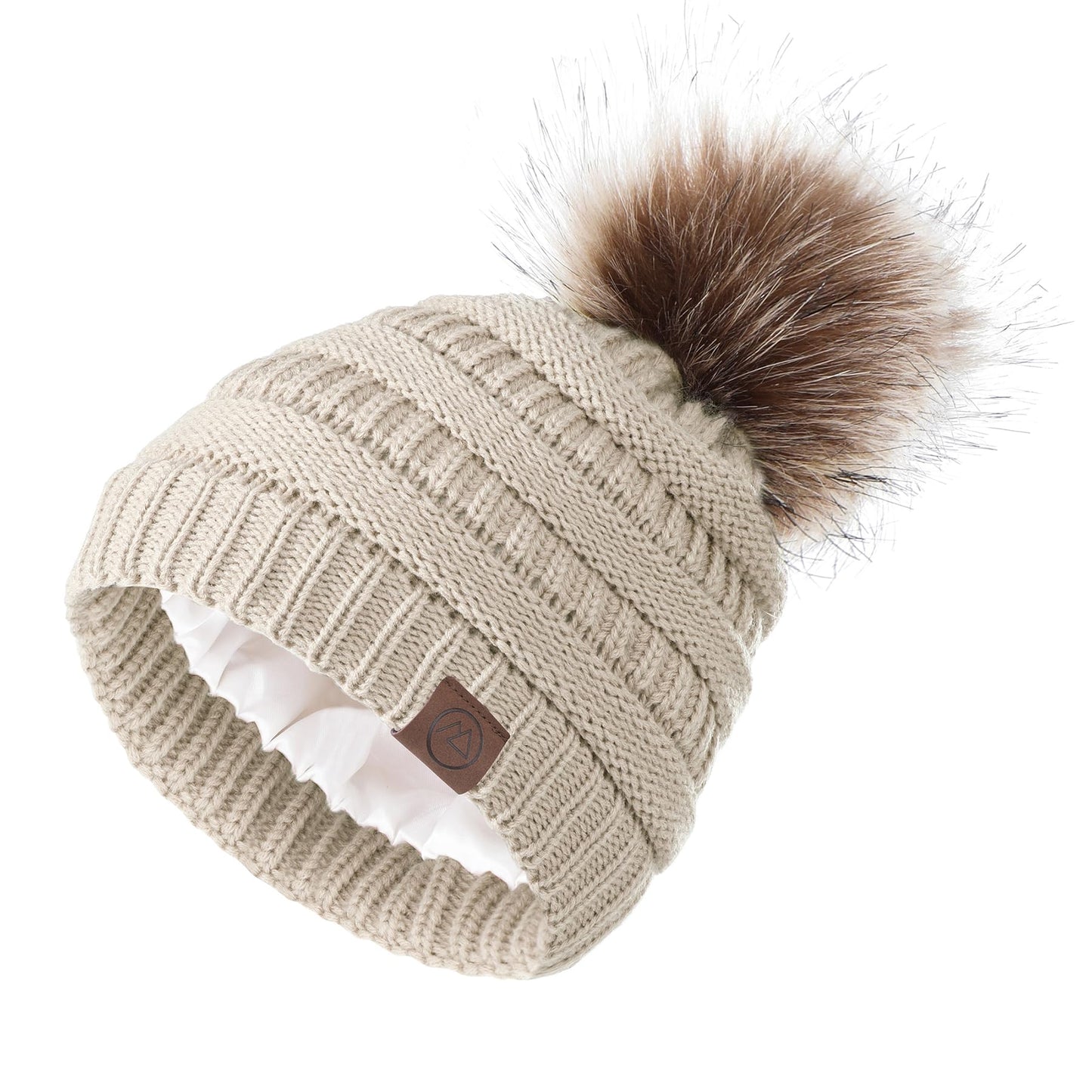 Zando Womens Winter Hats Satin Lined Winter Hats for Women Beanies Women Satin Lined Beanie with Pom Pom Beanie Warm Winter Hat Knit Beanie Hats for Women Thick Womens Beanies for Winter Beige Beanie