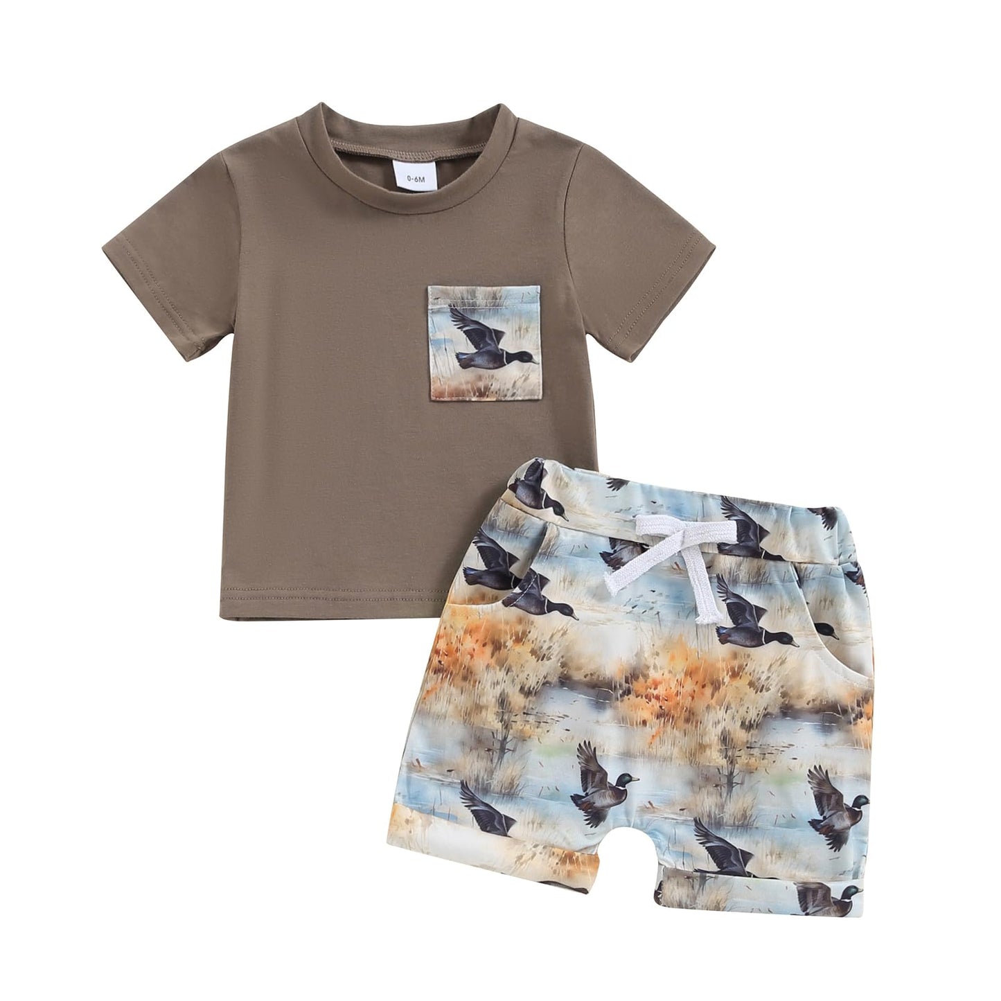 Toddler Baby Boys Duck Shorts Sets Mallard Duck Print Short Sleeve T Shirts and Shorts Suit 2 Pcs Summer Outfits (Russet 12-18 Months)