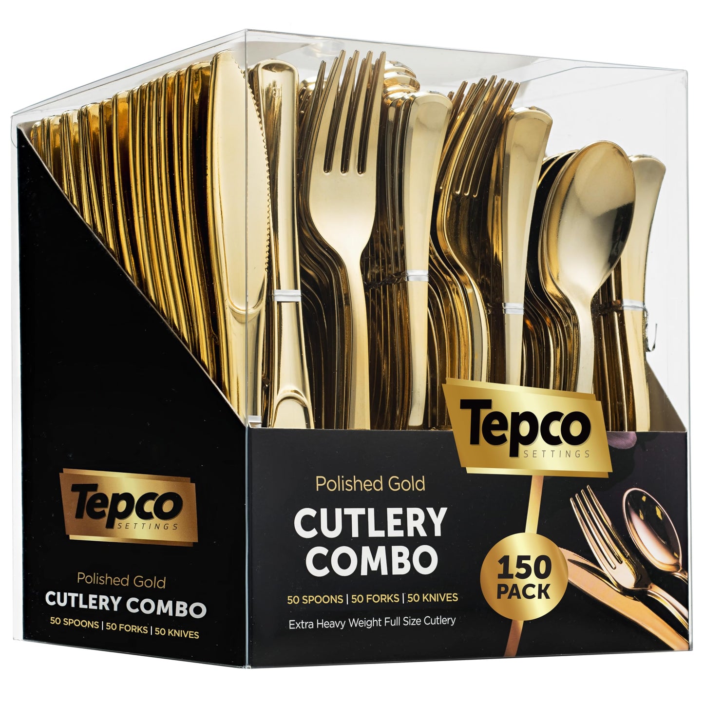 150 Gold Plastic Silverware Set - Plastic Gold Cutlery Set - Disposable Flatware Gold - 50 Gold Plastic Forks 50 Gold Plastic Spoons 50 Gold Cutlery Knives Heavy Duty Silverware for Party Bulk