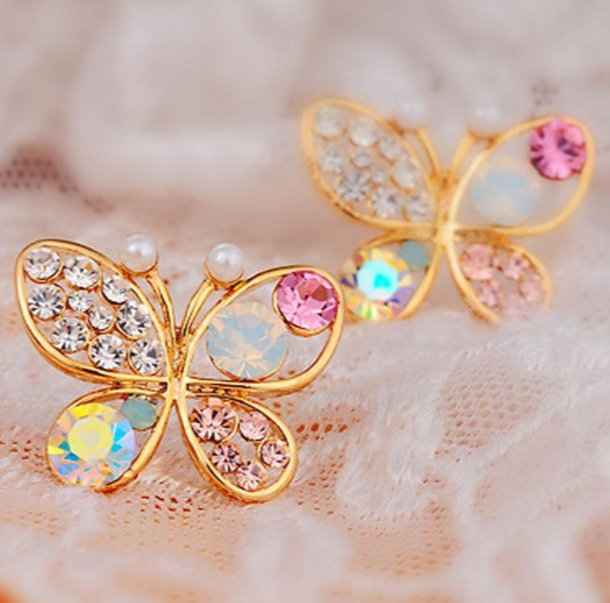 Butterfly Stud Earrings with Colorful Diamonds