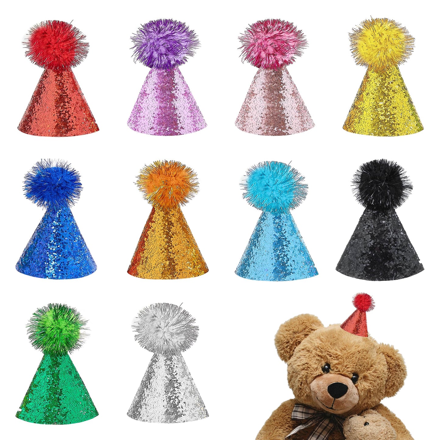 Pai Sence 10 PCS Mini Birthday Party Hats for Stuffed Animals Toys Tiny Cone Party Hats with Pom Poms Reusable Holiday Glitter Party Crayon Hats Dolls S