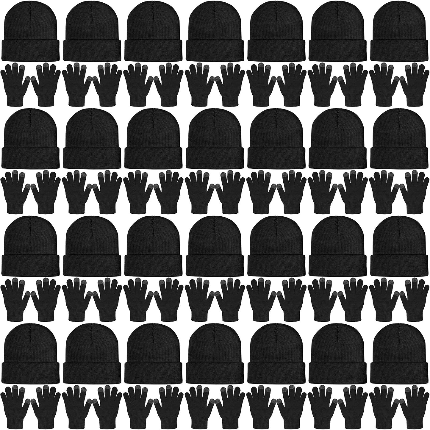 SATINIOR 56 Pieces Bulk Winter Hats Winter Beanies Touchscreen Gloves Combo Pack Knitted Cuffed Skull Caps Bulk Pack for Men Women Black