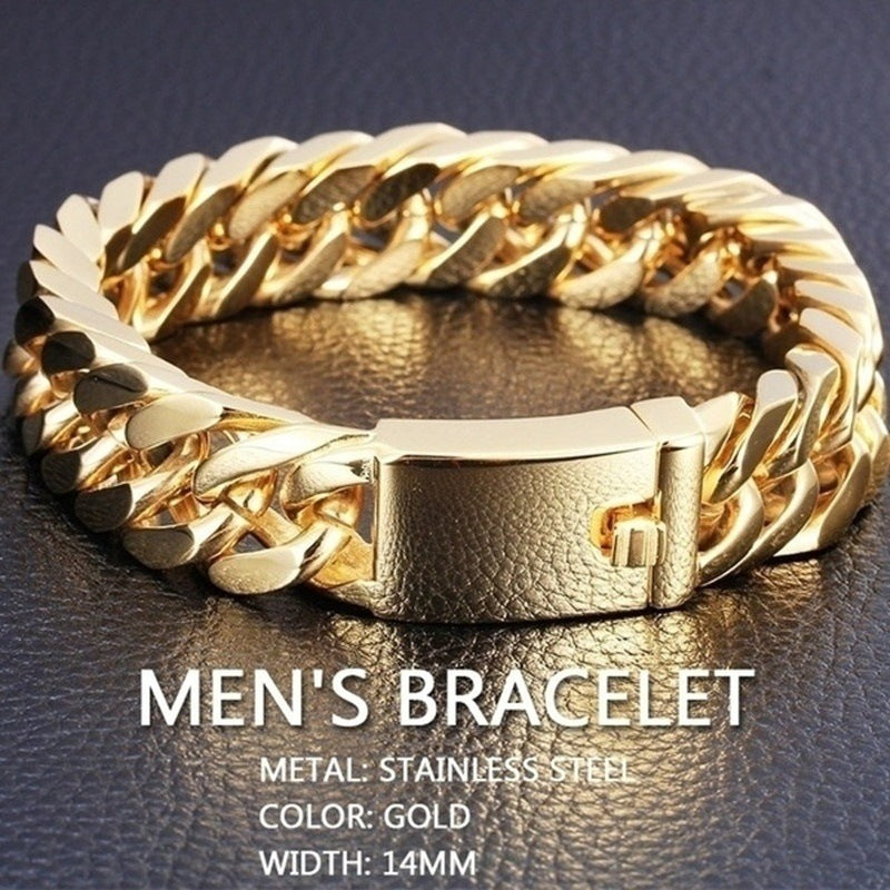 Fashionable Gold-Plated 10mm Men's Bracelet with Dual Clasp