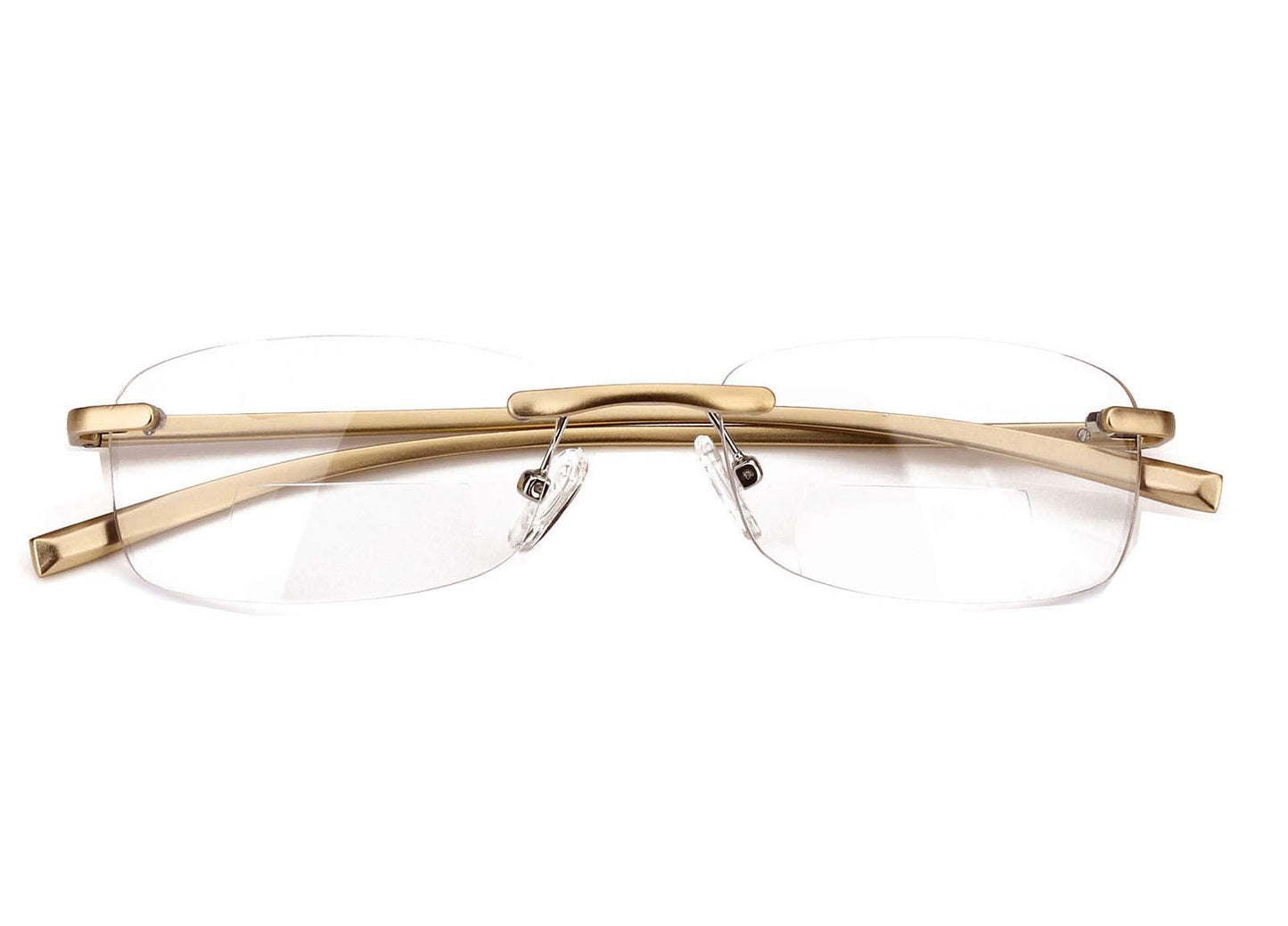 Loovit Rimless Rectangle Bifocal Reading Glasses Mens Womens Spring Hinge Frameless Readers Reading Glasses (Gold 350)