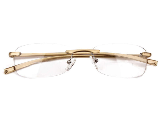 Loovit Rimless Rectangle Bifocal Reading Glasses Mens Womens Spring Hinge Frameless Readers Reading Glasses (Gold 350)