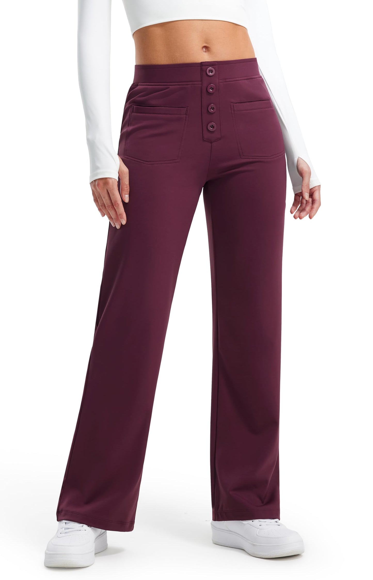Libin Womens Straight Wide Leg Pants High Waisted with Button Casual Stretchy Work Business Slacks Trousers Sweatpants for Yoga Travel Outfit Clothes BurgundyXL