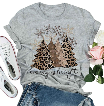 Leopard Christmas Tree Snowflake T Shirts Celebrate Christmas Vacation T Shirts Funny Merry and Bright Graphic Tees Tops (Grey 2X-Large)