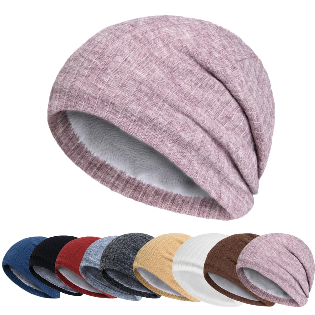 YuMENo Winter Slouchy Beanie Hats for Men Warm Fleece Lined Soft Skull Cap Knit Cuffed Beanies Pink