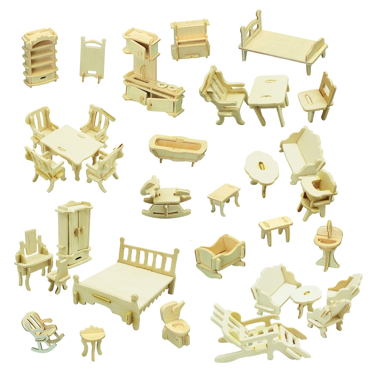 Small FurnitureDollhouse Furniture and Accessories 34PCS Wooden Dollhouse Furniture Set 3D Puzzle Miniature Puzzle Doll House Furniture Kit Puzzle Gift for Kids Teens and Adults
