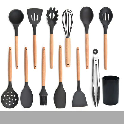 Silicone Kitchenware Set with Wooden Handles