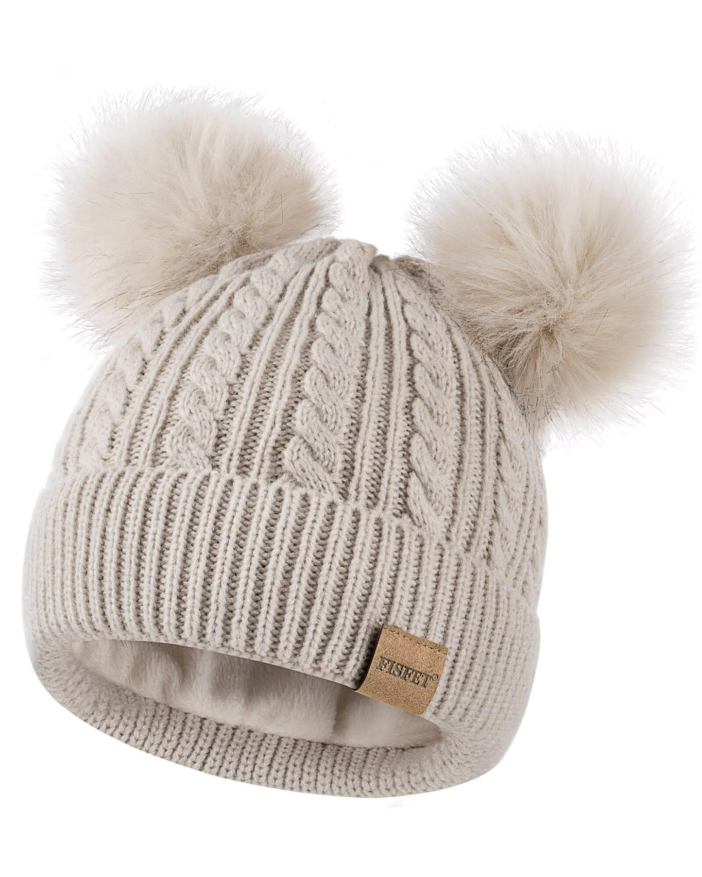 Beanies Women with Double Pom Pom Winter Hats for Women Cold Weather Warm Cable Knit Fleece Lined Cute Beanie Cap for Daily Use(Oatmeal)