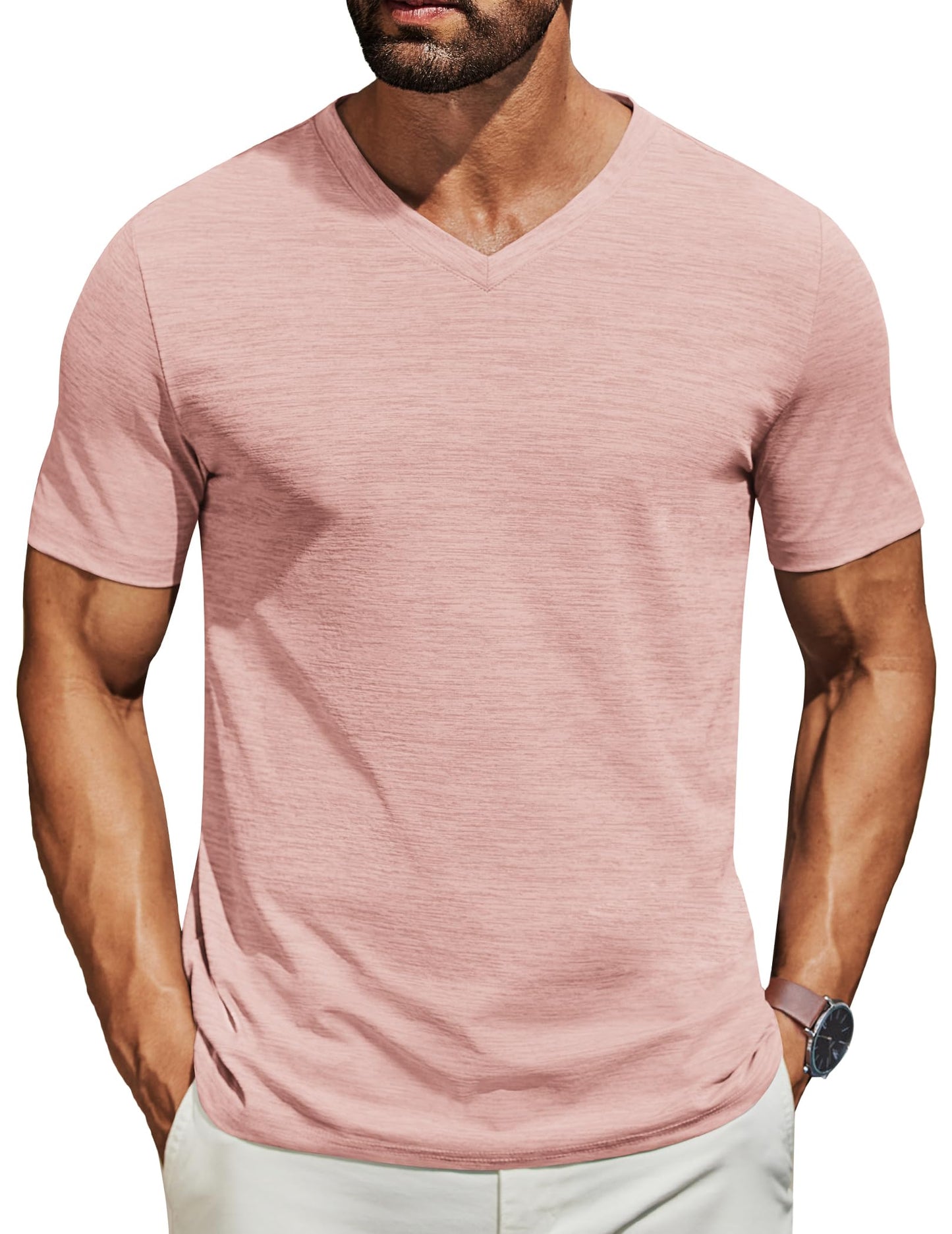 COOFANDY Mens T Shirts Short Sleeve Classic V Neck T-Shirt Casual Summer Basic Tee Shirt Pink