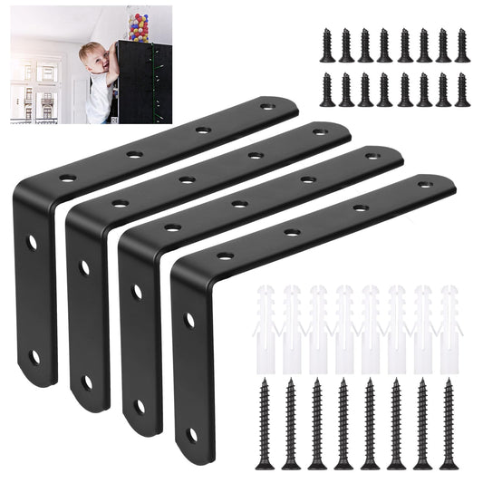 4pcs Furniture Anchors for Baby Proofing Metal Baby Furniture Anchor Bracket Anti Tip Black Furniture Mounts Baby Proof L-shaped Furniture Wall Anchor for Large Furniture