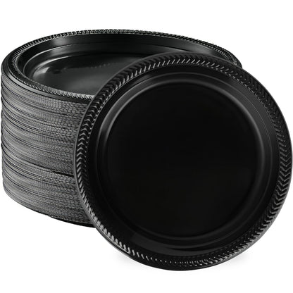 BESTYTY Black Plastic Plates 100-pack 9 inch Dinner Plates for Party Dessert Plates Appetizer Plates For Weddings Disposable Reusable Microwavable