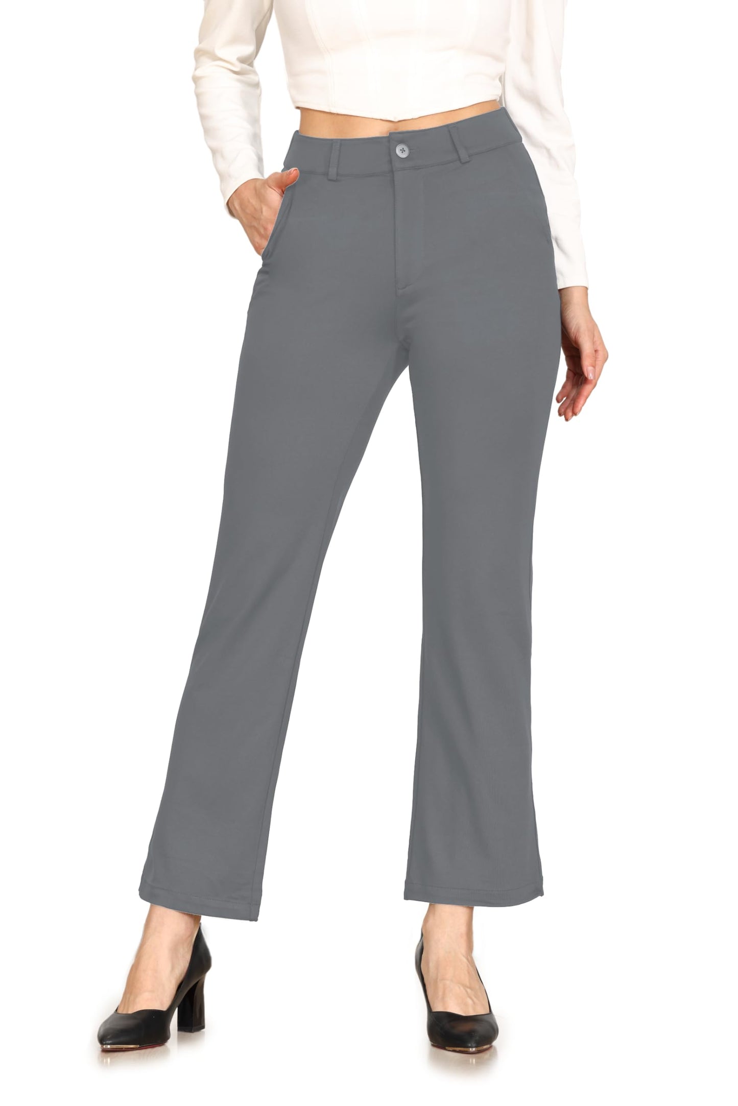 Bamans Womens Dress Pants Business Casual Wide Leg Pants for Women Flare Leggings Grey Work Office Slacks High Waist Bootcut with Pockets