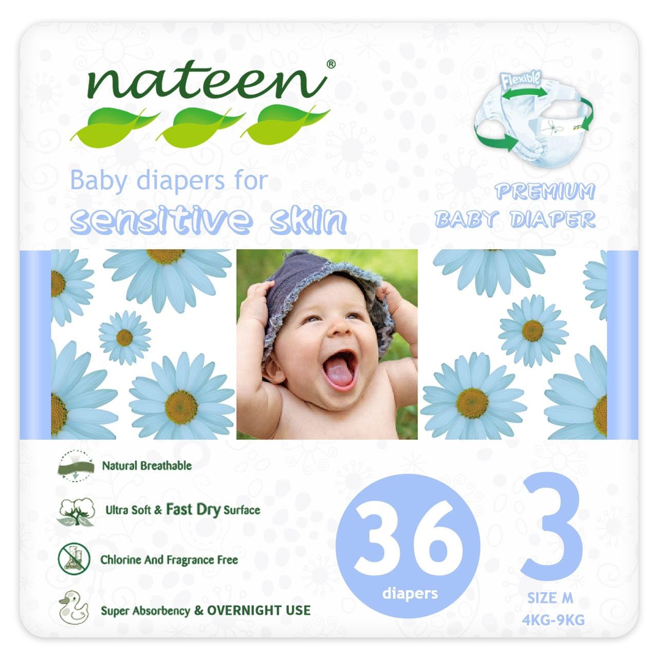 Nateen Premium Baby Diapers Size 3Overnight Use Disposable Diapers for Sensitive Skin Ultra Thin Diapers with Comfortable Fit36 Count