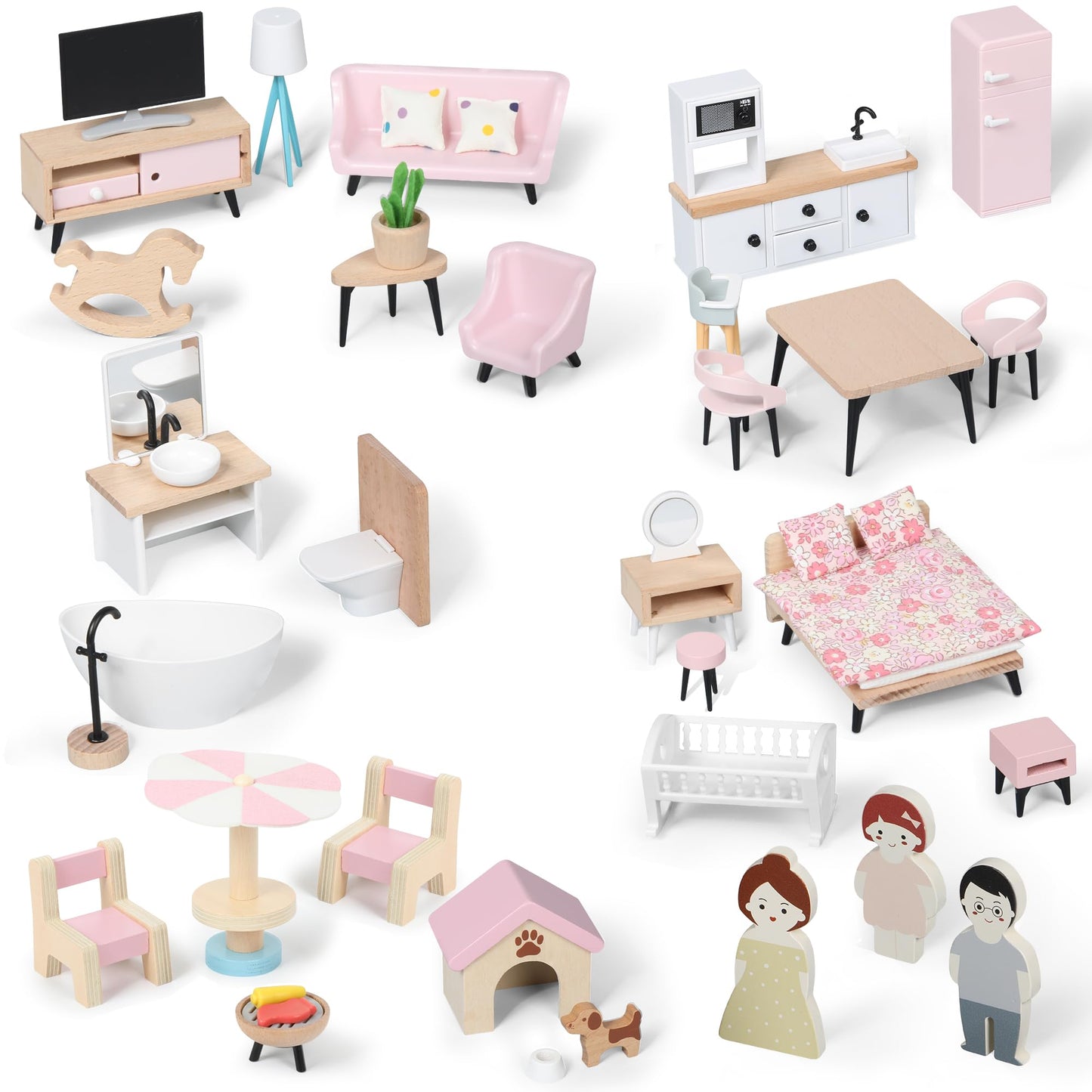 Pithfor Wooden Dollhouse Furniture Set Dollhouse Accessories and Furniture with 7 Rooms 3 Dolls Includes Patio Set & Dog Set Doll House Furniture Toys Gift for Kids Boys Girls