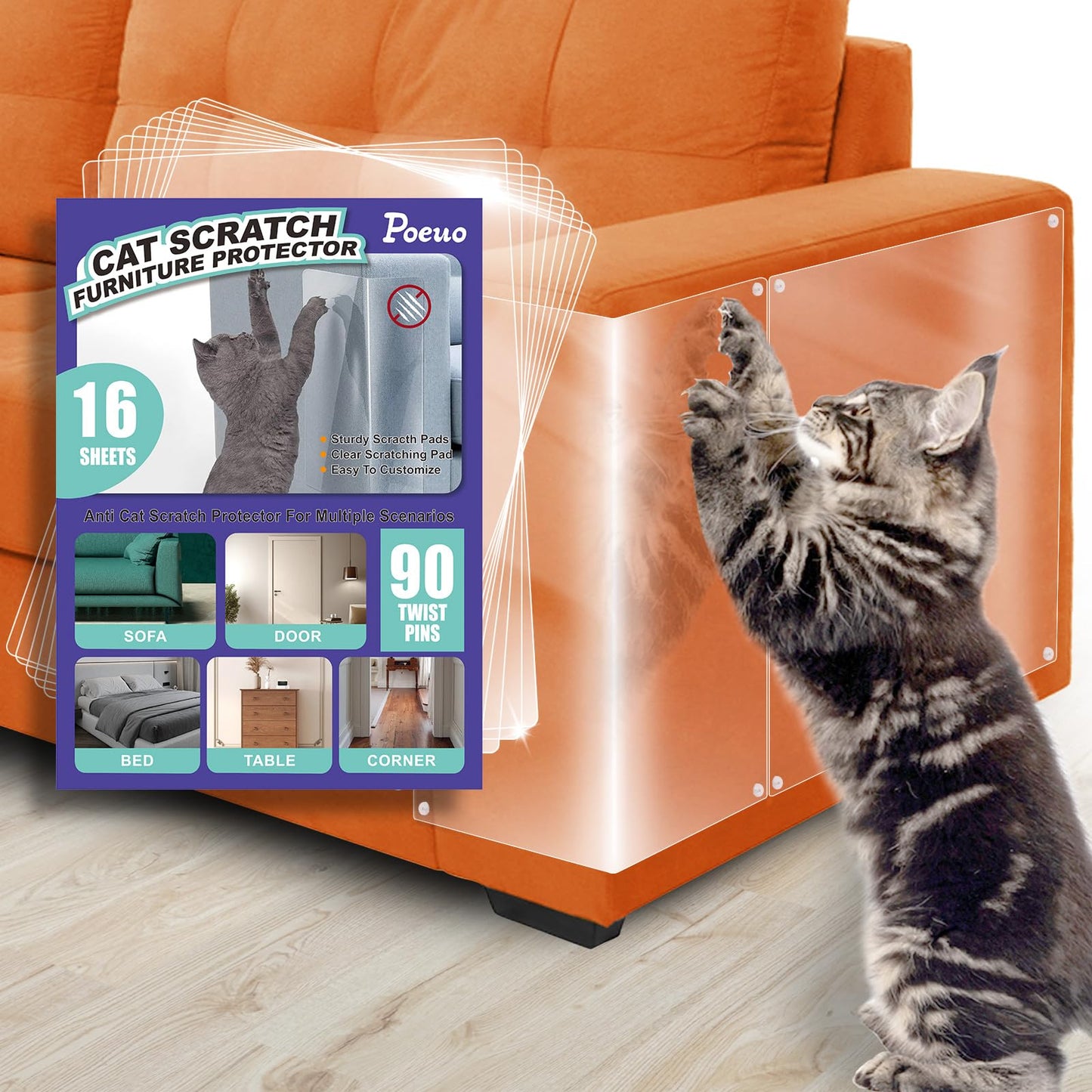 Poeuo Anti Cat Scratch Furniture Protector 16 Pack Single Side Couch Protector with 90 Twist Pins for Cats Self-Adhesive Cat Tape for Furniture Cat Scratch Protector for Furniture and Sofa