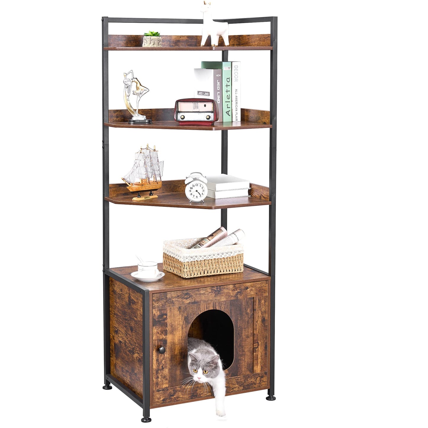 BEWISHOME Cat Litter Box Enclosure Furniture Hidden Litter Box Furniture for Living Room Large Cat Furniture with 4 Tier Shelves and Door Rusitc Brown CMW06Z